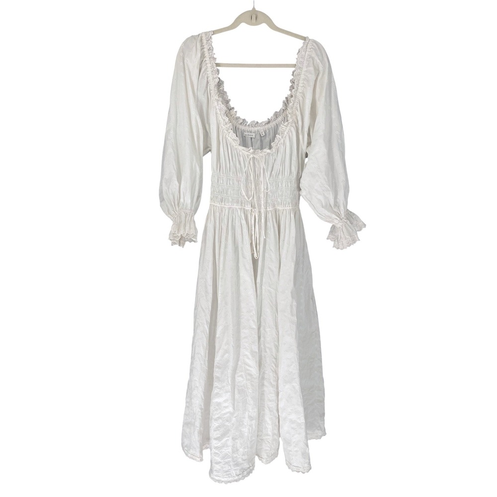 Doen Isolde Midi Dress Salt White Eyelet Cotton Smocked Puff Sleeve Womens XL - Picture 3 of 16